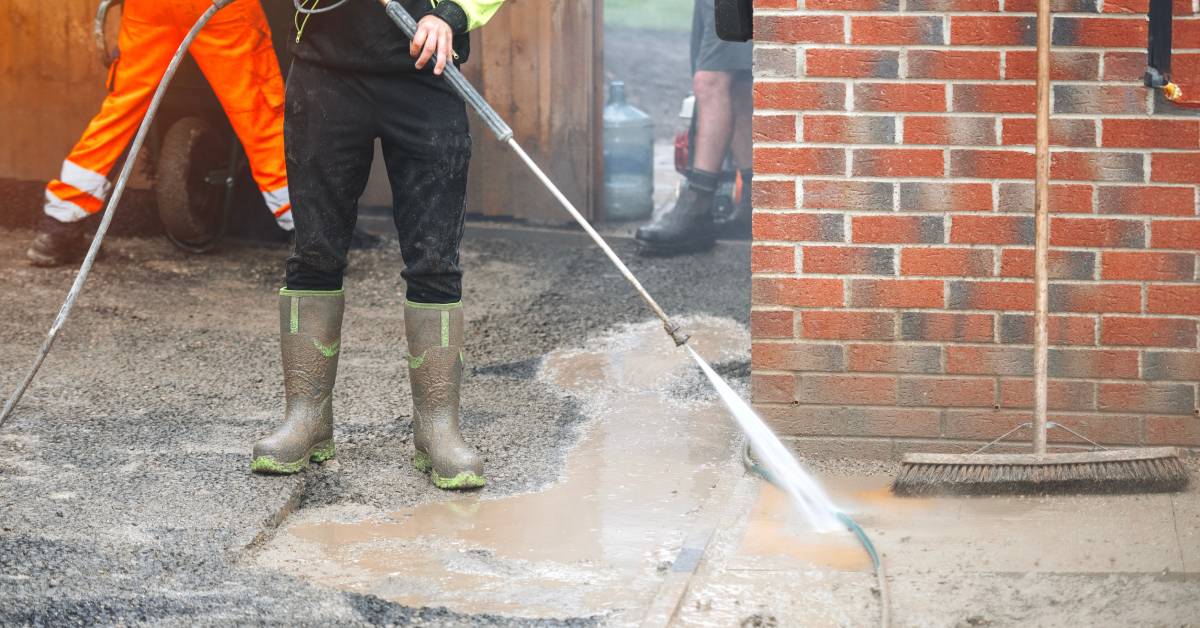 A worker wearing a black and green suit with rubber boots holds a high-pressure hose gun, spraying at a gravel surface.