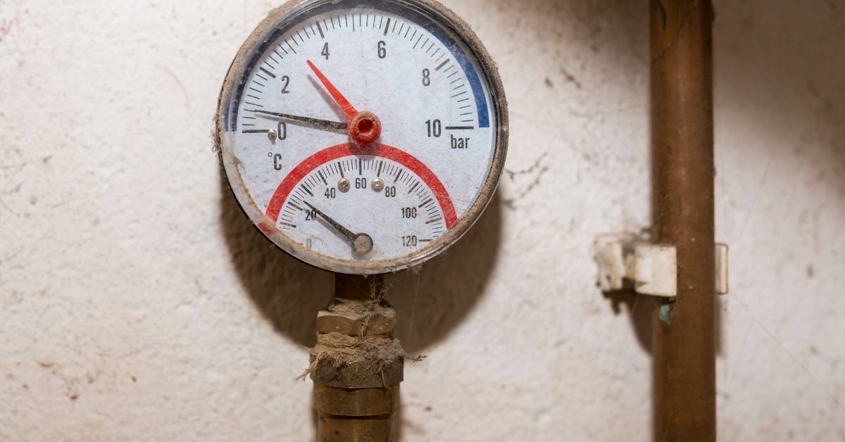 A close-up of a pressure gauge attached to an old water pipe that has dust and cobwebs covering the connected part.